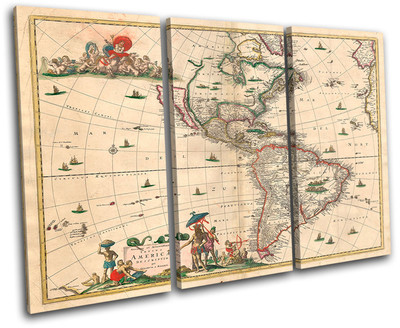 Vintage America's Maps Flags TREBLE Leinwand Wand Kunst Bild drucken
