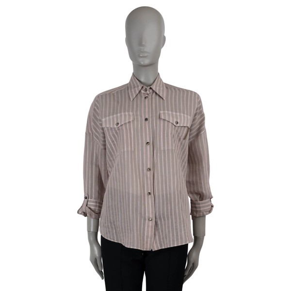 71899 auth BRUNELLO CUCINELLI taupe Baumwolle 2023 LUREX GESTREIFT VOILE Shirt M