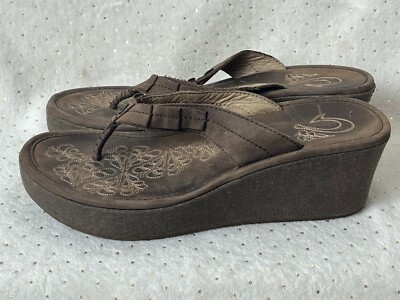 Olu Kai Women Pale Lio Brown Wedge Platform Flip Flops Sandals Shoes US 