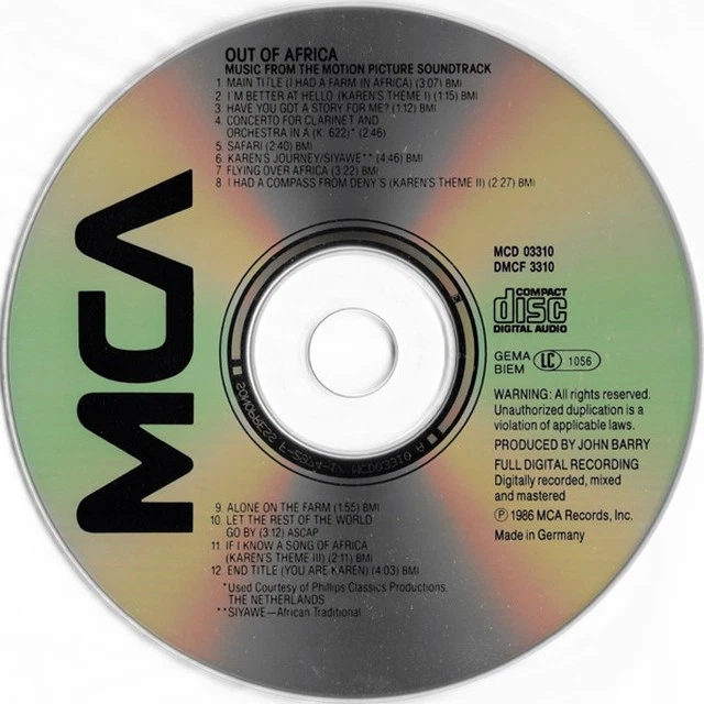 JOHN BARRY | OUT OF AFRICA / JENSEITS VON AFRIKA | SOUNDTRACK CD MCA SONOPRESS - Bild 4 von 4
