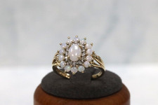 9ct QVC Yellow Gold Opal & Diamond Cluster Ring - Size P - UK hallmark