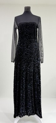 Vtg Frederick s Of Hollywood Navy Black Velvet Mesh Button V Back Dress Sz L