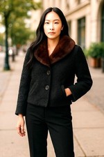 Jacket Black Curly Lamb Brown Fur Collar Button Closure Small 1950