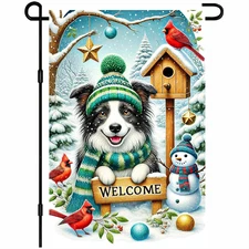 Winter Garden Flag 12X18 Inch Cute Shepherd Dog Welcome Flag Snowy Scene Christm