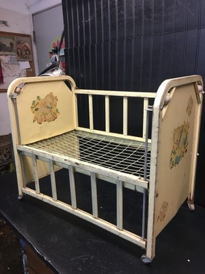 Vtg Amsco Light Yellow Metal Doll E Crib Wooden Wheels Lamb Decals