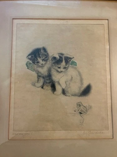 Meta Pluckebaum Aquatint Dry Point Etching Who Are You? Signed Kittens Cat Frog