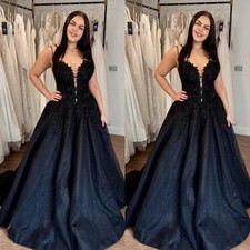 Shining Black Satin Wedding Dresses Glitter Deep V Neck Sweep Train Bridal Gowns