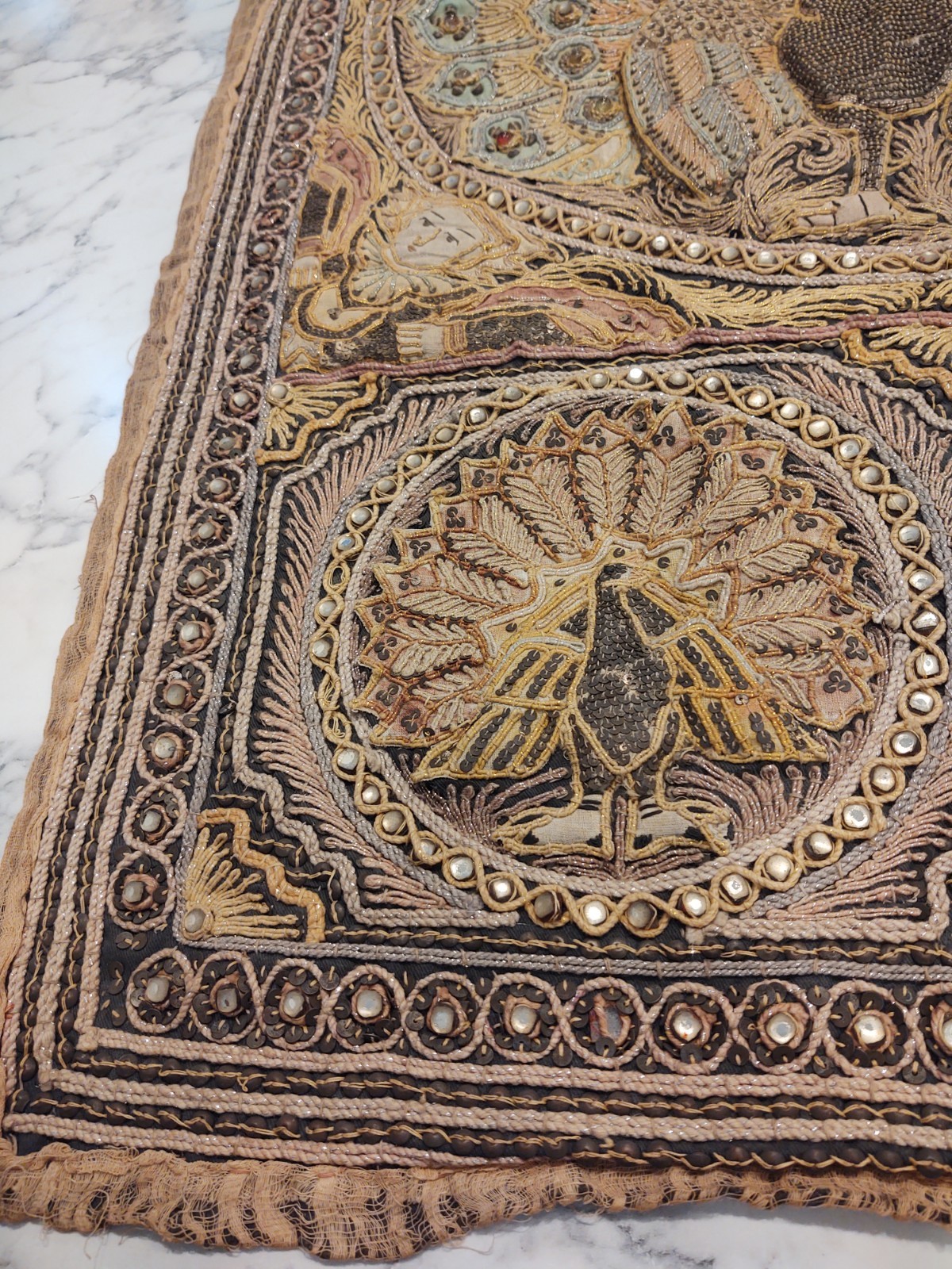 Sequin PEACOCKS Burmese KALAGA Hand-Embroidery Tapestry Wall Hanging 35 x 26 In