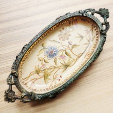 VINTAGE HUA PING TANG ZHI SOAP DISH TRINKET FLORAL PORCELAIN & BRONZE