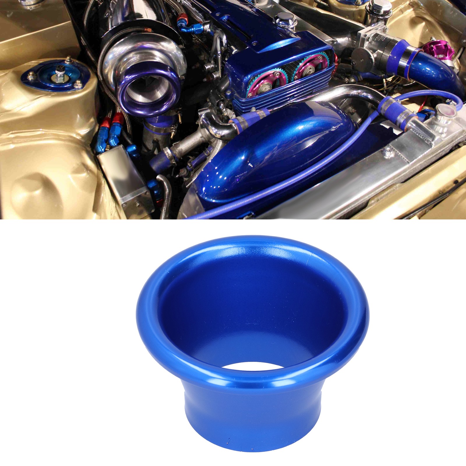 Blue 2.6in Cold Air Intake Turbo Horn Velocity Stack Adapter CNC Car