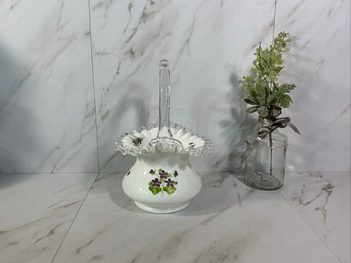 Vintage Fenton Silver Crest Violets In The Snow Basket ~ 8”~ Signed~ Ruffled Rim