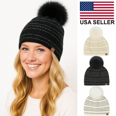 C.C Women Angora Stripe Stitches with Sequin Angora Pom Beanie Winter Hat