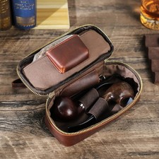 Genuine Leather Tobacco Smoking Case 2 Pipes Portable Clutch Bag Travel Pipe Box