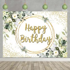 Green Happy Birthday Backdrop Greenery Succulent and Gold Eucalyptus Green Leave