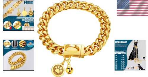 Stainless Steel Gold Dog Collar 14mm Cuban Link with Secure Snap Buckle - Picture 2 of 9