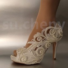 su.cheny 8/10 cm heel Pearl white ivory silk lace open toe Wedding Bridal shoes