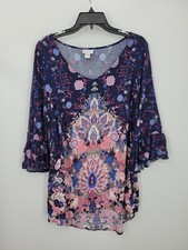 Avenue Top Womens 16 Blue Pink Floral Boho Print Ruffle Sleeve Popover Boho