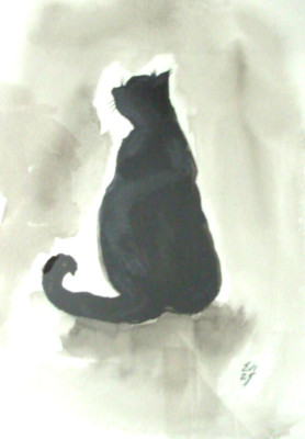 Schwarze Katze Original Tuschegemälde gerahmt Kunstwerk Katze Wandbild Wanddeko Papier A4