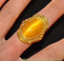 Chinese Ancient Bronze gilt inlay Cat's eye stone wealth Jewelry Ring