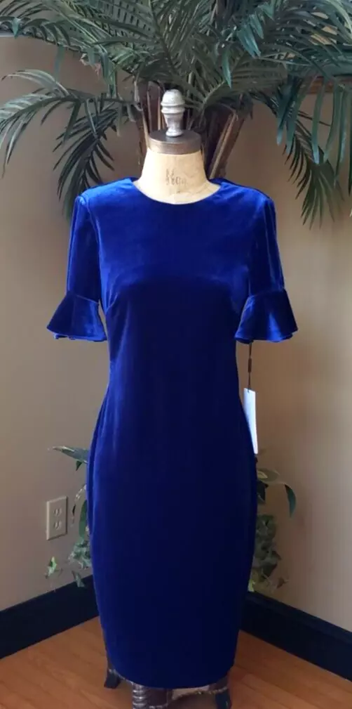 CALVIN KLEIN Royal Blue Velvet Dress Size 4 Fits 6 8 Short Sleeve Mother  Bride