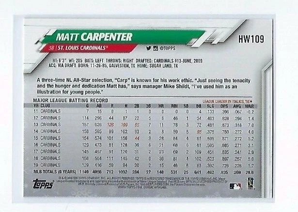 2020 Topps Holiday Metallic Snowflake Parallel #HW109 Matt Carpenter Cardinals - Image 2 of 2