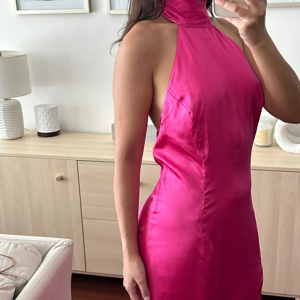 Guess Marciano Maxi Dress Fuchsia 100% Silk Evening Gown High Slit Y2K Glam Gala - Image 2 of 4