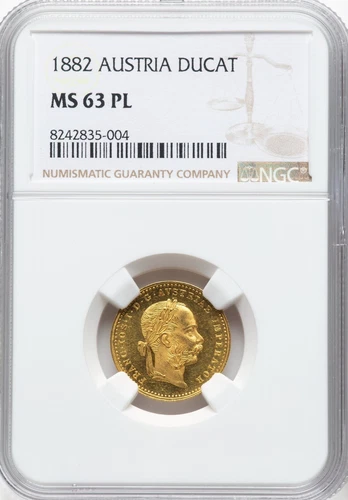 AUSTRIA  , FRANZ JOSEPH GOLD 1 DUCAT 1882 - VIENNA MINT -  NGC MS 63 PL , RARE5
