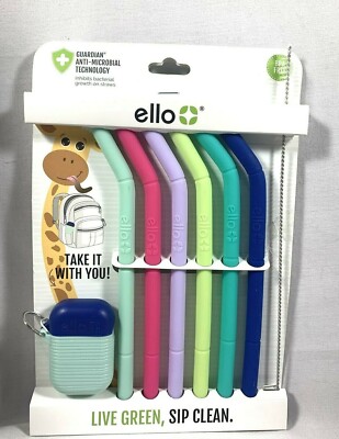 NEW ELLO LIVE GREEN SIP CLEAN 6 REUSEABLE SILICONE STRAWS 1 BRUSH 1 CARRY CASE