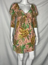 Farm Rio Pink Mixed Fruits Mini Dress M Linen Blend Front Tie Puff Sleeves
