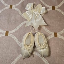 Vintage Hanging Satin Heirloom Baby Booties Lace Ribbon Baptism Wedding