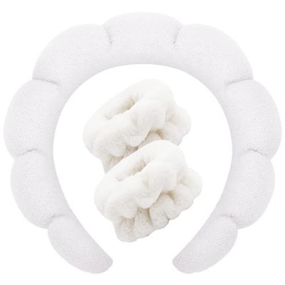 Spa Headbands for Washing Face Wristband Set Sponge Makeup Skincare White