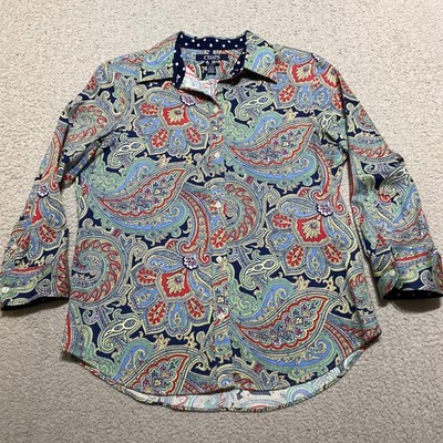Chaps Womens Medium Shirt Multicolor Paisley 3/4 Sleeve No Iron Button Up