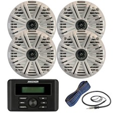 Kicker KMC3 Marine USB Stereo Receiver, 4x 6.5" Speaker w/Grille, Wire, Antenna