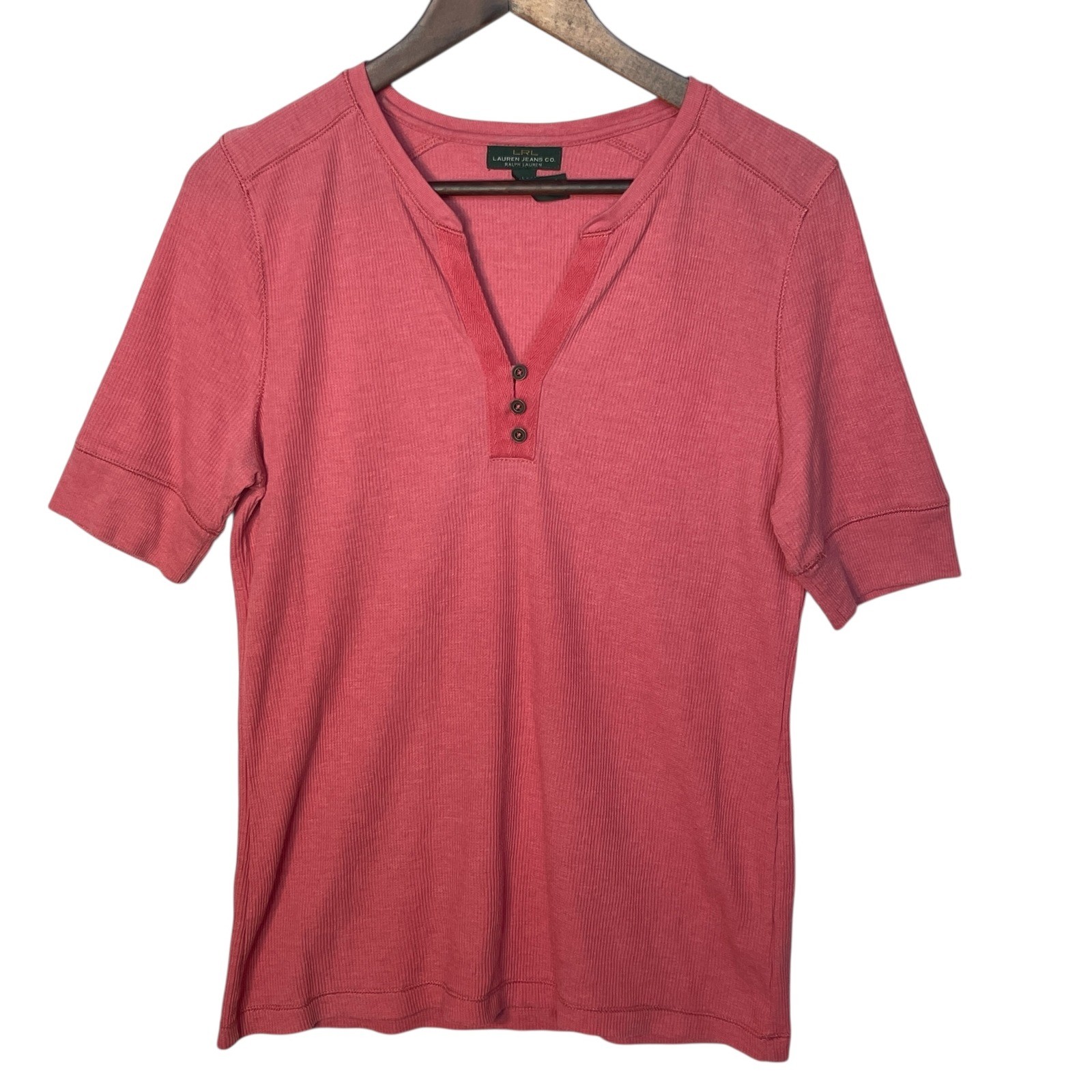LRL Ralph Lauren Jeans Co Coral Pink Ribbed Henley Shirt Short Sleeve Womens L