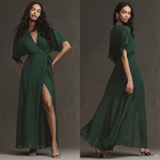 Reformation Winslow Long Maxi Dress Size XS Emerald Wrap Short Sleeve Gown