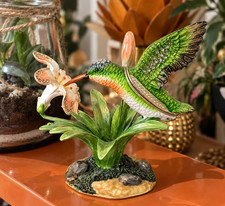 Jeweled Hummingbird & Flower Ornament &ndash; Green Enamel Crystal Bird Figurine