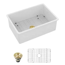 27 In. Undermount Sink Single Bowl White Fireclay Kitchen Sink with Bottom Grid
