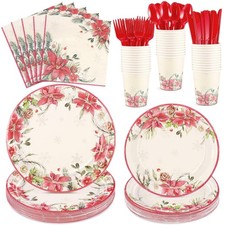 175 Pcs Christmas Paper Plates and Napkins, 25 Guest Poinsettia Christmas Pla...