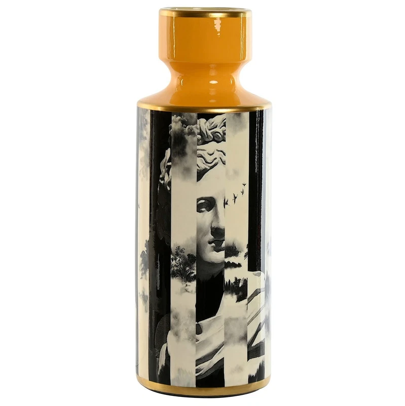Vaso a Bottiglia da Arredo in Porcellana Giallo Contemporaneo Bianco e Nero 40cm, fotografia 4 di 9