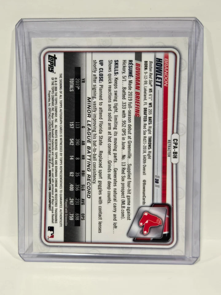 2020 Bowman Chrome #CPA-BH Brandon Howlett RED SOX Refractor Auto 399/499 - Image 3 of 3