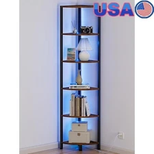 6 Tier Corner Shelf W/ LED Light Tall Standing Bookshelf Organizer Storage Rack