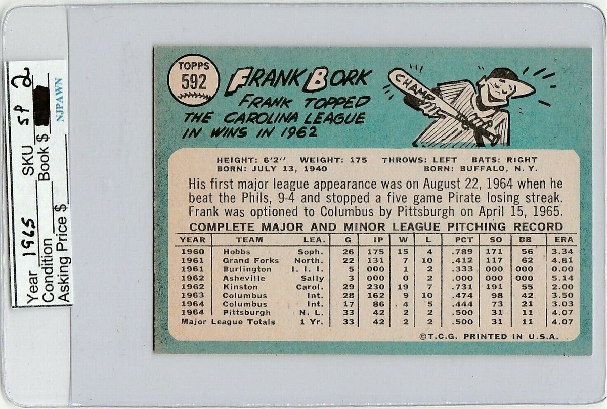 1965 TOPPS #592 FRANK BORK ROOKIE RC PITTSBURGH PIRATES HIGH