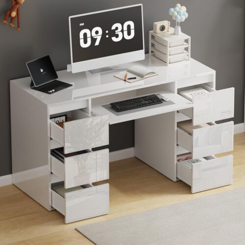 White High Gloss Dressing Table 6 Drawers Vanity Makeup/Computer Table Desk - Picture 2 of 12
