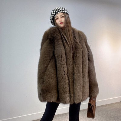 Fashion Women Real Fox Fur Thick Outwear Warm Wither Natural Fur Mid-length Coat