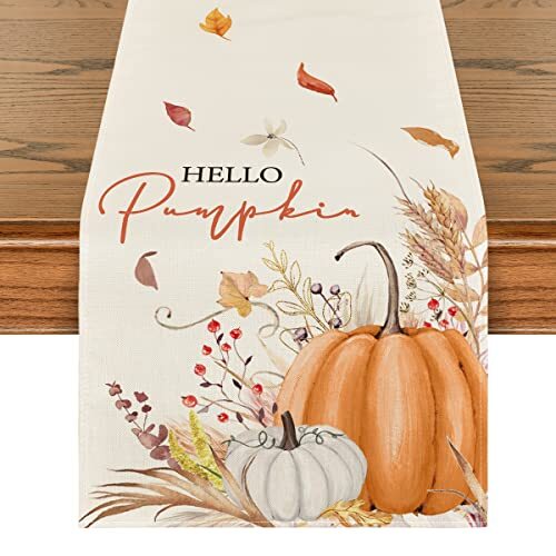  Mesa de Acción de Gracias Hello Calabaza Flores Hojas 13" x 72", Corredor de Mesa Naranja - Imagen 1 de 6