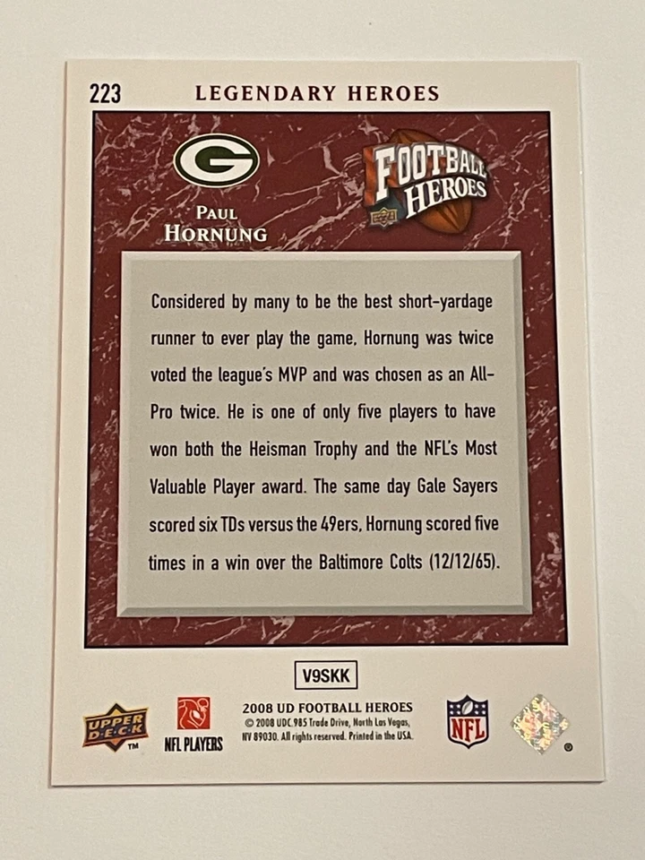 2008 - Upper Deck Heroes Football #223 - Paul Hornung - Green Bay Packers - Image 2 of 2