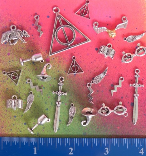 Harry Potter Deathly Hallows Silver 24 Charm Lot Wizard Lightning Snitch Wings - Picture 6 of 6
