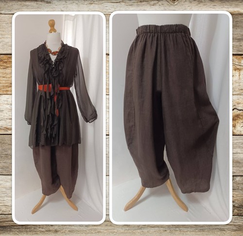 BNWT, LAGENLOOK, BROWN, 100% LINEN, CROPPED, BAGGY, HAREM PANTS, OSFA PLUS