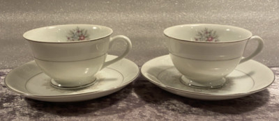(2) NASCO Sweet Afton Footed Cup & Saucers. Pink Flowers, Platinum Trim.