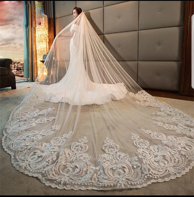 Sequins Lace Wedding Veil Luxury Cathedral Length Bridal Veil